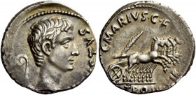 The Roman Empire 
 Octavian as Augustus, 27 BC – 14 AD 
 C. Marius C. f. Tromentina . Denarius 13 BC, AR 3.70 g. AVGVSTVS Bare head r.; behind, litu...