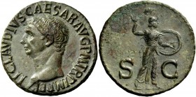 The Roman Empire 
 Claudius, 41-54 
 As 50-54, Æ 10.45 g. TI CLAVDIVS CAESAR AVG P M TR P IMP P P Bare head l. Rev. S – C Minerva, helmeted, standin...