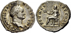 The Roman Empire 
 Vespasian, 69 – 79 
 Denarius 75, AR 3.51 g. IMP CAESAR – VESPASIANVS AVG Laureate head r. Rev. PON MAX – TR P COS VI Pax seated ...
