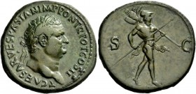 The Roman Empire 
 Titus caesar, 69 – 79 
 Sestertius 72, Æ 26.48 g. T CAESAR VESPASIAN IMP PON TR POT COS II Laureate head r. Rev. S – C Mars advan...