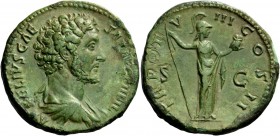 The Roman Empire 
 Marcus Aurelius caesar, 139 – 161 
 Sestertius 153-154, Æ 23.19 g. AVRELIVS CAE – SAR AVG PII FIL Bare headed and draped bust r. ...
