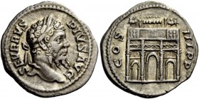 The Roman Empire 
 Septimius Severus, 193 – 211 
 Denarius 204, AR 3.46 g. SEVERVS – PIVS AVG Laureate head r. Rev. COS – III P P Triumphal arch of ...