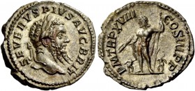 The Roman Empire 
 Septimius Severus, 193 – 211 
 Denarius 210, AR 3.22 g. SEVERVS PIVS AVG BRIT Laureate head r. Rev. P M TR P XVIII – COS III P P ...