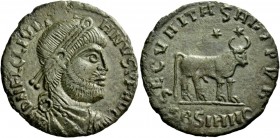 The Roman Empire 
 Julian II, 360 – 363 
 Barbaric Imitation . Æ1, Sirmium 361-363, Æ 7.07 g. D N FL CL IVLI – HNVS P F HVG Pearl- diademed, draped ...
