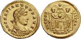 The Roman Empire 
 Gratian, 367 – 383 
 Solidus, Treviri 361-375, AV 4.45 g. D N GRATIANVS P F AVG Pearl-diademed, draped and cuirassed bust r. Rev....