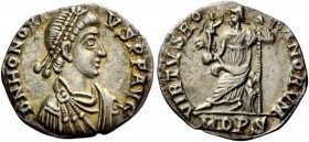 The Roman Empire 
 Honorius, 393 – 423 
 Reduced Siliqua, Mediolanum 395-402, AR 1.33 g. D N HONORI –VS P F AVG Pearl-diademed, draped and cuirassed...