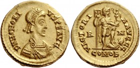 The Roman Empire 
 Honorius, 393 – 423 
 Solidus 404-407/408, AV 4.44 g. D N HONORI – VS P F AVG Pearl-diademed, draped and cuirassed bust r. Rev. V...