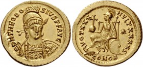 The Roman Empire 
 Theodosius II, 402 – 450 
 Solidus, Constantinopolis circa 430–440, AV 4.46 g. D N THEODO – SIVS P F AVG Helmeted, pearl-diademed...