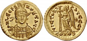 The Roman Empire 
 Leo I, 457 – 474 
 Solidus, Constantinopolis 462 or 468, AV 4.45 g. D N LEO PE – RPET AVG Pearl diademed, helmeted and cuirassed ...