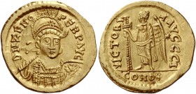 The Roman Empire 
 Zeno second reign, 476 – 491 
 Solidus, Constantinopole 476–491, AV 4.39 g. DN ZENO – PERP AVG Helmeted, pearl-diademed and cuira...
