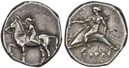 TARENTUM: AR nomos (7.87g), Vlasto 414; SNG ANS 914-5, struck 385-380 BC, nude youth on horse trotting left, leaning forward to crown horse with right...