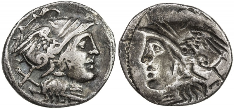 ROMAN REPUBLIC: Anonymous, ca. 2nd century BC, AR denarius (3.82g), Rome, helmet...