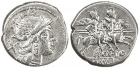 ROMAN REPUBLIC: Cn. Domitius Ahenobarbus, AR denarius (4.06g), Rome, Crawford-147/1; Sydenham-349, struck 189-180 BC, helmeted head of Roma right, X (...