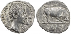 ROMAN EMPIRE: Augustus, 27 BC - 14 AD, AR denarius (3.59g), Lugdunum, RIC-167a; RSC-137, struck 15-13 BC, bare head right, AVGVSTVS DIVI F // bull but...
