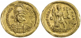 ROMAN EMPIRE: Honorius, 393-423 AD, AV solidus (4.27g), S-20902, helmeted & cuirassed bust // CONCORDIA AVG, emperor seated, holding scepter & Victory...