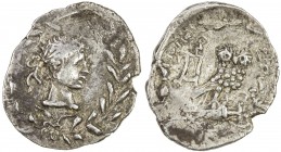 SABAEAN: Anonymous, 1st century AD, AR ½ unit (2.70g), Huth-294, Roman style male head right, derived from Augustus, within wreath // owl standing on ...