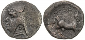 PARTHIAN KINGDOM: Mithradates I, c. 171-138 BC, AE chaldous (3.64g), Hekatompylos, Shore-22, Sell-8.2, beardless bust left, wearing bashlik // horse p...