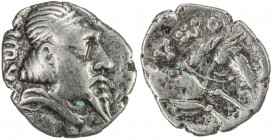 BUKHARA: "Hyrkod", ca. 1st century BC to 2nd century AD, AR unit (0.85g), cf. Zeno-30362, bust right, with wispy beard // horse protome right, imitati...