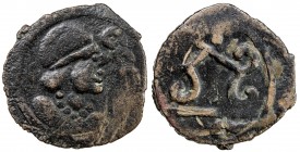 KABARNA: Anonymous, 7th/8th century, AE cash (1.18g), S&K—, bust right, with large round-top hat, uncertain symbol before // tamgha as on S&K type 8 (...