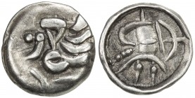 SAMARKAND: Anonymous, ca. 2nd-4th century, AR obol (0.35g), cf. Zeno-77185, Antiochus imitation: bust left // simplified archer with quiver, holding l...