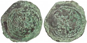 WESTERN TURKS: KHALAJ: ca. early 8th century, AE pashiz (1.33g), Vondrovec-Khalaj-1, Sasanian-style bust, based on the 3rd type of Peroz, blundered Pa...