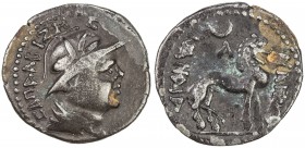 YUEH CHI: Sapadbizes, ca. 20-1 BC, AE drachm (1.22g), Mitch-2824/28, helmeted bust right, floral design on the helmet, name behind // lion right, citi...