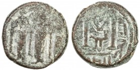 ARAB-BYZANTINE: Three Standing Figures, ca. 680-700, AE fals (3.73g), A-3512D, Goodwin-6, capital M, very rare variety, with Arabic legend Allah ahad ...