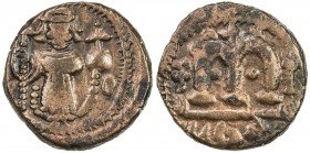 ARAB-BYZANTINE: Standing Emperor, ca. 670s-680s, AE fals (3.84g), NM, A-3523, standing emperor, holding long cross & globus cruciger // cursive M, unc...