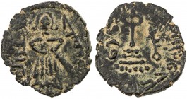 ARAB-BYZANTINE: Standing Caliph, ca. 692-697, AE fals (2.92g), Manbij, A-3532.1, Goodwin-372 (same obverse die), citing the caliph without his name, m...