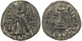 ARAB-BYZANTINE: Standing Caliph, ca. 692-697, AE fals (3.13g), Manbij, A-3532.1, Goodwin-371/74, citing the caliph without his name, mint name upward,...