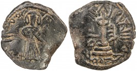 ARAB-BYZANTINE: Standing Caliph, ca. 692-697, AE fals (2.88g), Manbij, A-3532.2, Goodwin-384 (same reverse die), citing the caliph by name, mint name ...