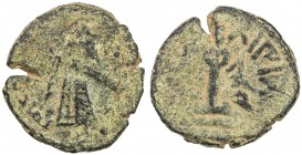 ARAB-BYZANTINE: Standing Caliph, ca. 692-697, AE fals (3.15g), Jibrin, A-3535, Goodwin-337 (same dies), mint name downwards, decent strike for this ve...