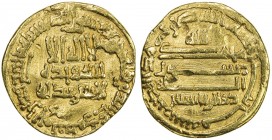 ABBASID: al-Ma'mun, 810-833, AV dinar (4.04g), NM, AH200, A-223.4, inscribed dhu'l-ri'asatayn below reverse, probably struck at Madinat al-Salam, slig...