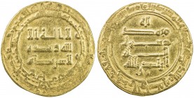 ABBASID: al-Radi, 934-940, AV dinar (6.37g), Tustar min al-Ahwaz, AH323, A-254.1, some weakness, struck with a deteriorating reverse die, unusually he...