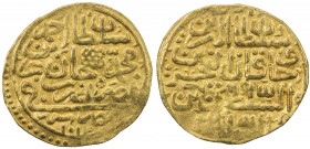 OTTOMAN EMPIRE: Ahmed I, 1603-1617, AV sultani (3.47g), Misr, AH1003, A-1347.2, one small area of weakness, VF, ex Ahmed Sultan Collection. 
Estimate...