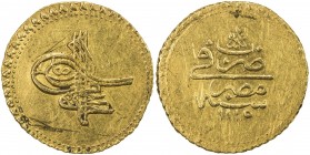 EGYPT: Ahmed III, 1703-1730, AV eshrefi (3.48g), Misr, AH1115, KM-72, some light nicks, EF, ex Ahmed Sultan Collection. 
Estimate: USD 160 - 180