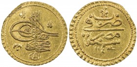 EGYPT: Mahmud I, 1730-1754, AV zinjirli altin (3.43g), Misr, AH1143, KM-91, 1 edge abrasion, EF to AU, ex Ahmed Sultan Collection. 
Estimate: USD 160...