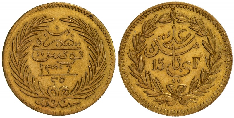 TUNIS: Ali Bey, 1882-1902, AV 25 piastres / 15 francs (4.86g), Tunis, AH1306 (18...