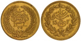 TUNIS: Ali Bey, 1882-1902, AV 25 piastres / 15 francs (4.86g), Tunis, AH1306 (1888), KM-Pn13 variety, unpublished pattern struck on cut down French Na...