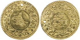 TURKEY: Mahmud I, 1730-1754, AV 3 altin (10.17g), Islambul, AH1143, KM-238, initial #31, pierced (as usual), traces of mount removal, bold strike, EF,...