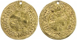 TURKEY: Osman III, 1754-1757, AV 3 altin (9.33g), Islambul, AH1168, KM-279, initial #4, pierced and mount removed (clipped down slightly, presumably t...