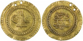 TURKEY: Mustafa III, 1757-1774, AV 1½ altin (4.85g), Islambul, AH[11]80, KM-343, Damali-K.5b, pierced twice, bold VF, ex Ahmed Sultan Collection. 
Es...