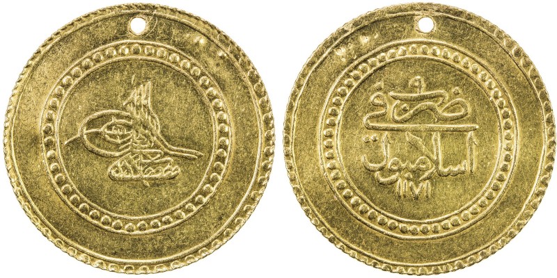 TURKEY: Mustafa III, 1757-1774, AV 2½ altin (8.91g), Islambul, AH1171 year 9, KM...