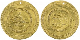 TURKEY: Abdul Hamid I, 1774-1789, AV 1½ altin (4.76g), Islambul, AH1187 year 1, KM-423, Damali-K.A6a, pierced, mount removed, VF, ex Ahmed Sultan Coll...