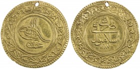 TURKEY: Abdul Hamid I, 1774-1789, AV 1½ altin (5.12g), Islambul, AH1187 year 7, KM-426, Damali-K.A6b, pierced, VF to EF, ex Ahmed Sultan Collection. ...