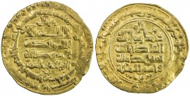 GHAZNAVID: Mahmud, 999-1030, AV dinar (3.54g), Nishapur, AH397, A-1606, rosette below obverse field, fancy floral symbol below reverse field, VF.
Est...