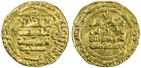 GHAZNAVID: Mas'ud I, 1030-1041, AV dinar (4.33g), Nishapur, AH424, A-1619, interesting engraver's error, as 'ashrin for "20" re-engraved over thalathi...