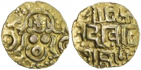GHORID: Mu'izz al-Din Muhammad, 1171-1206, AV dinar (4.26g), NM, ND, A-1764.1, De-252, Lakshmi obverse, ruler's name in Nagari on reverse, Kanauj type...