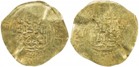 GREAT MONGOLS: Anonymous, ca. 1220s-1240s, AV broad dinar (5.26g), NM, DM, A-1965, obverse legend al-khaqan / al-'adil / al-a'zam, standard sunni kali...