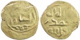 GREAT MONGOLS: Anonymous, ca. 1220s-1240s, AV dinar (3.43g), ND, A-1966, Zeno-227110 (this piece), citing qa'an / al-'adil on the obverse (upper porti...